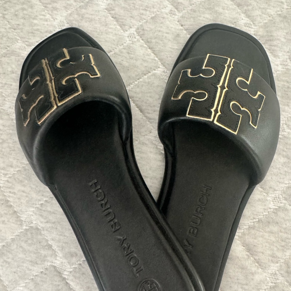Tory Burch Black Slides with Gold Logo Accent